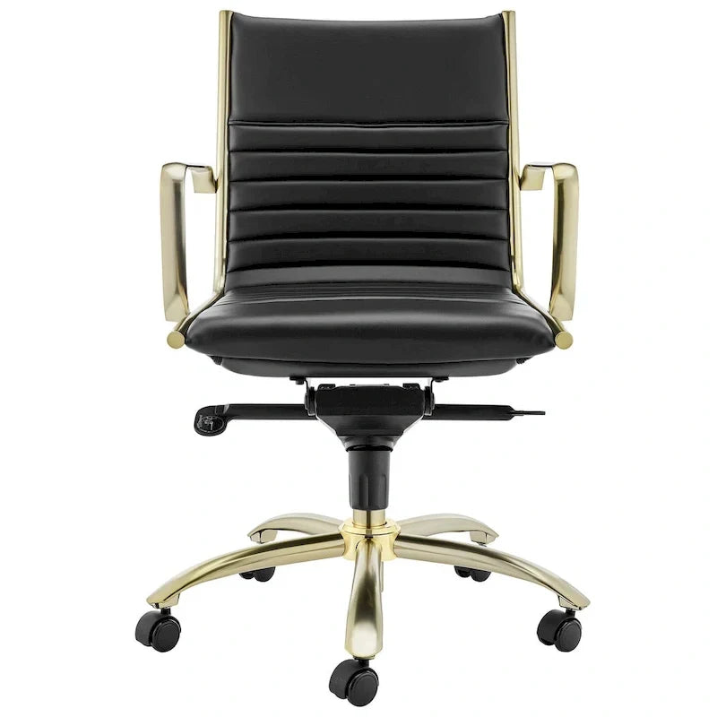 Chaise de bureau Dirk Low dossier bas, noire avec piétement doré brossé mat