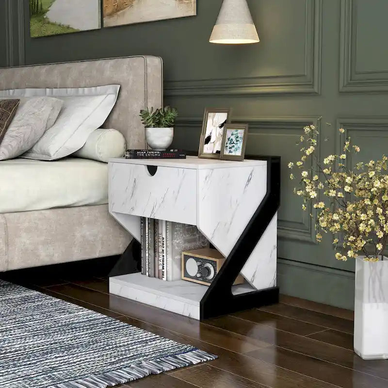 Table de chevet à 1 tiroir en faux marbre blanc moderne DH BASIC par Denhour