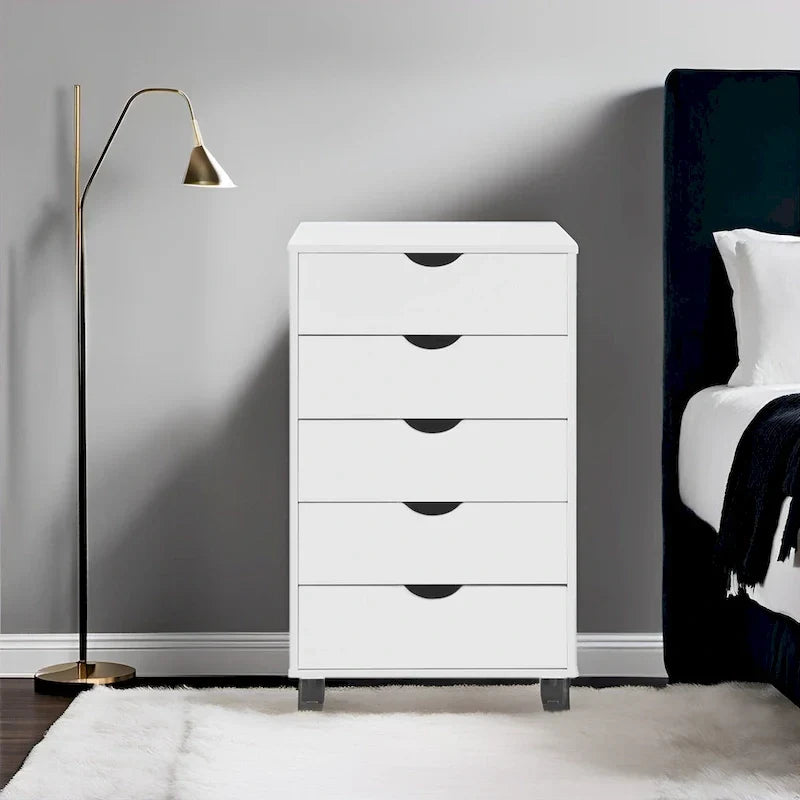 Meuble de rangement en bois portable à 5 tiroirs avec roulettes à 360°, design coulissant facile et rangement supérieur supplémentaire