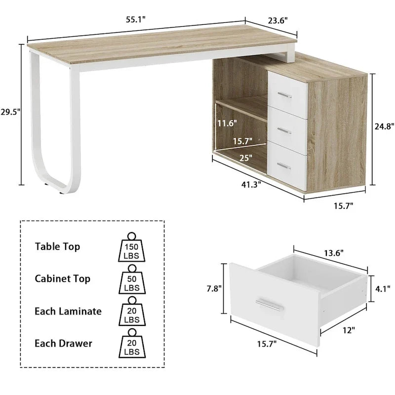 Bureau d'ordinateur de rangement en L Timechee de 55 pouces