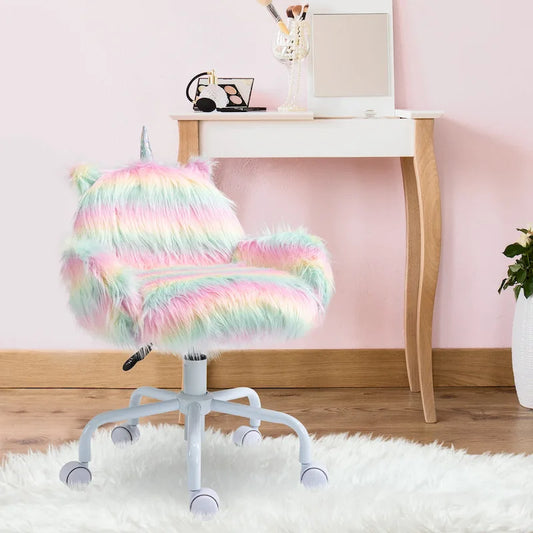 Fauteuil de bureau licorne moelleux HOMCOM avec dossier mi-haut et accoudoirs, base blanche à 5 roulettes pivotantes, arc-en-ciel - multicolore
