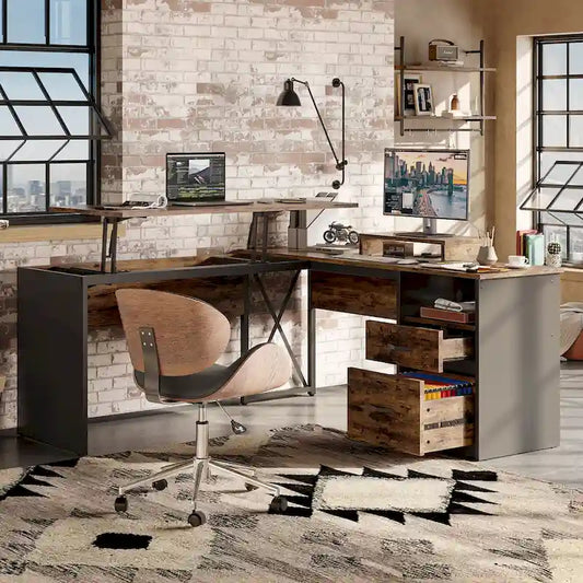 55.7 Bureau d'angle relevable en L avec tiroirs et support d'écran
