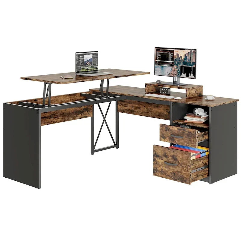 55.7 Bureau d'angle relevable en L avec tiroirs et support d'écran
