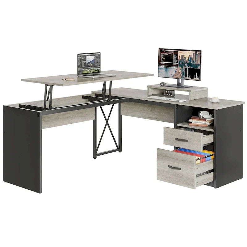 55.7 Bureau d'angle relevable en L avec tiroirs et support d'écran