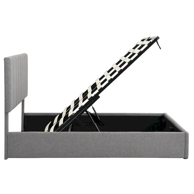 Lit plateforme rembourré avec système de rangement hydraulique -