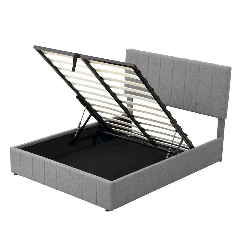 Lit plateforme rembourré avec système de rangement hydraulique -