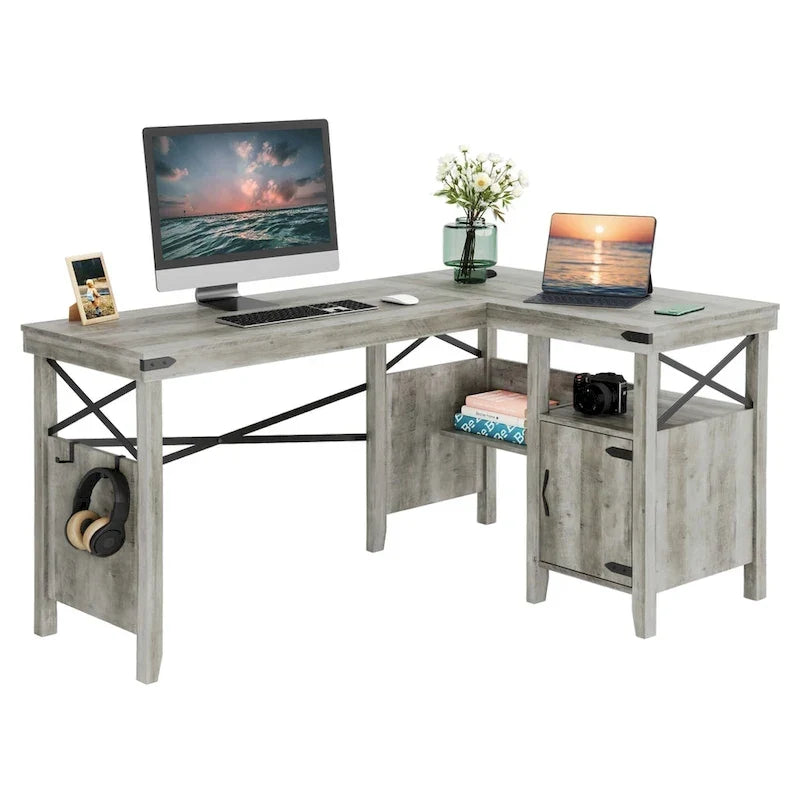 Bureau d'ordinateur en L pour bureau à domicile de style ferme avec armoire de rangement