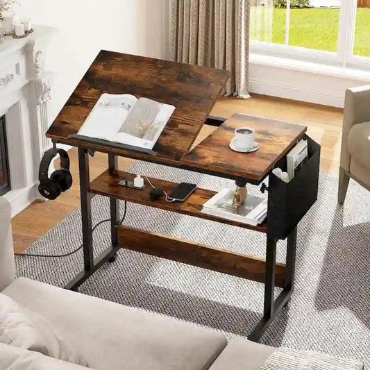 Bureau d'ordinateur portable réglable en hauteur avec roulettes et station de charge