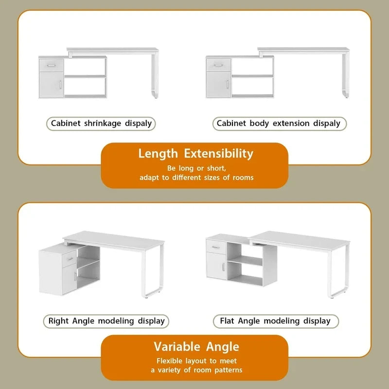 Bureau d'ordinateur d'angle Timechee de 55 pouces avec tiroirs et armoire, blanc
