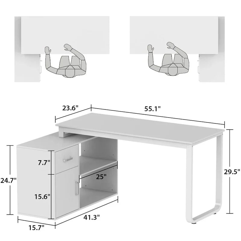 Bureau d'ordinateur d'angle Timechee de 55 pouces avec tiroirs et armoire, blanc