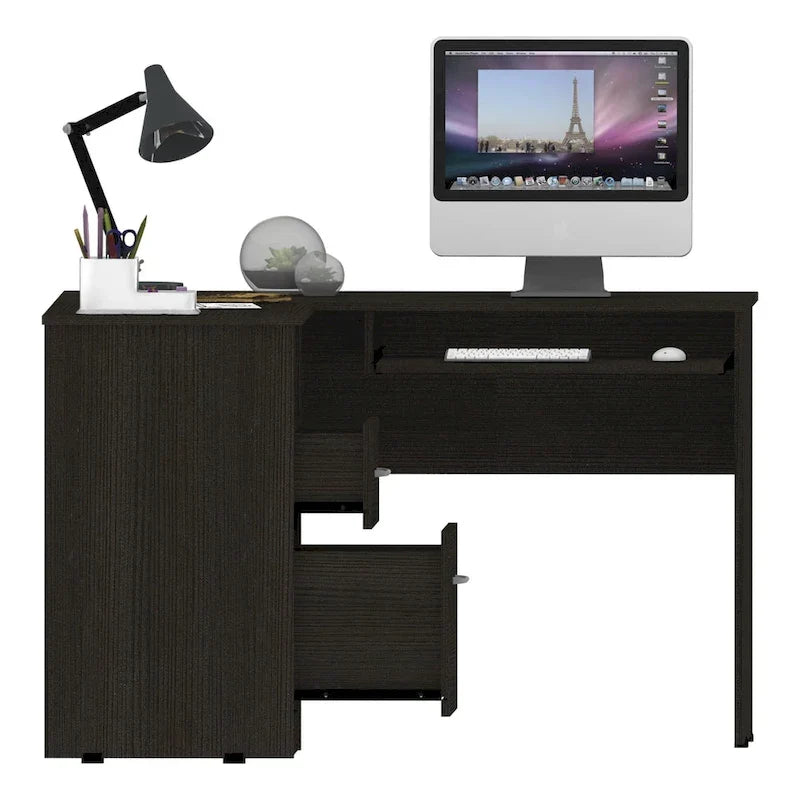 TUHOME Bureau d'angle Mix avec étagères ouvertes, 2 tiroirs et tablette clavier escamotable