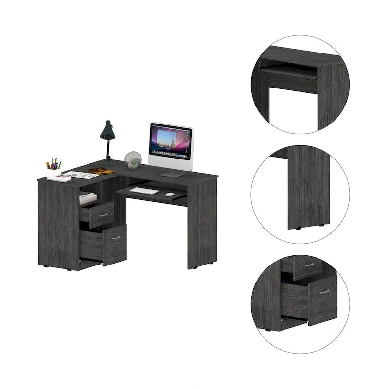 TUHOME Bureau d'angle Mix avec étagères ouvertes, 2 tiroirs et tablette clavier escamotable