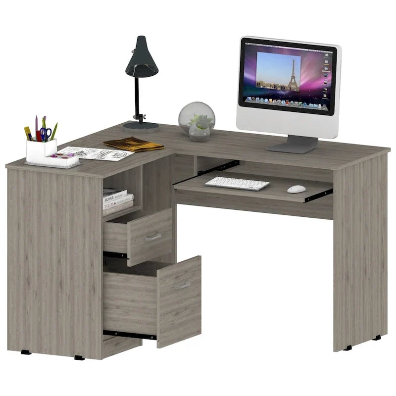 TUHOME Bureau d'angle Mix avec étagères ouvertes, 2 tiroirs et tablette clavier escamotable