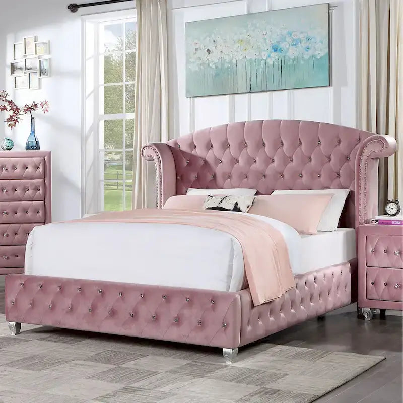 Lit capitonné rose à dossier haut Vyvi Glam de Furniture of America