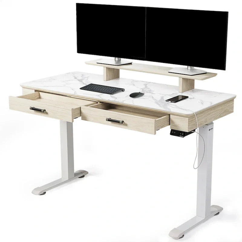 Eureka Ergonomic Bureau debout 55 Slate Stone Bureau de Direction avec 2 Tiroirs et Support Moniteur