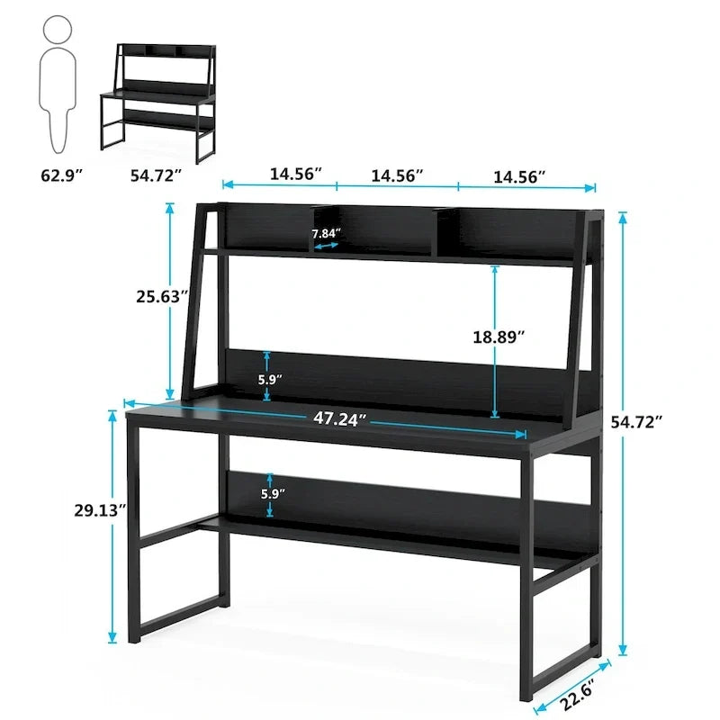 Bureau informatique moderne de 47 pouces avec étagère supérieure et bibliothèque