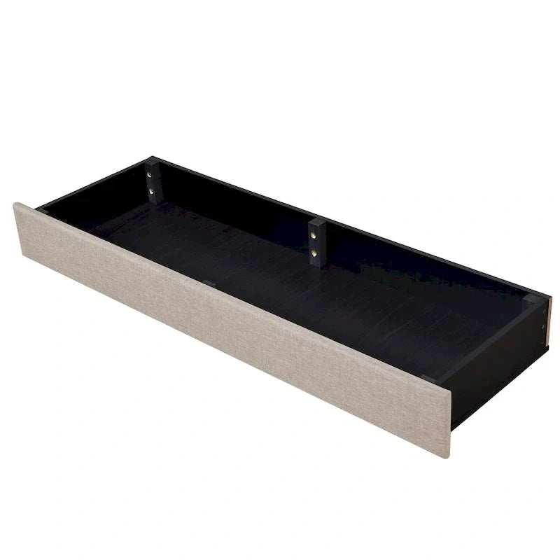 Lit traîneau Queen Size avec système de rangement hydraulique inclinable latéralement, revêtement en lin, beige