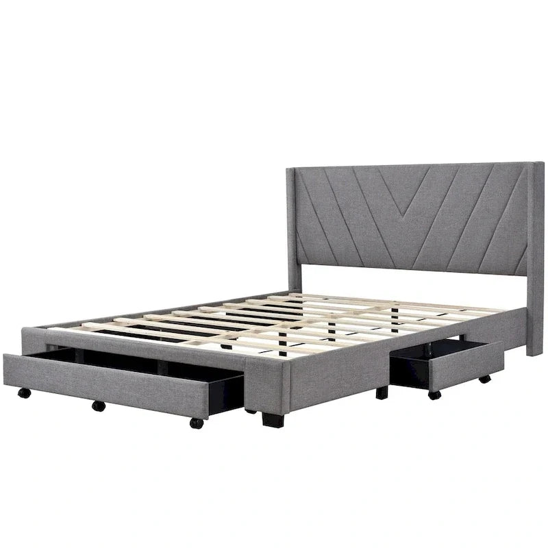 Lit traîneau Queen Size avec système de rangement hydraulique inclinable latéralement, revêtement en lin, beige
