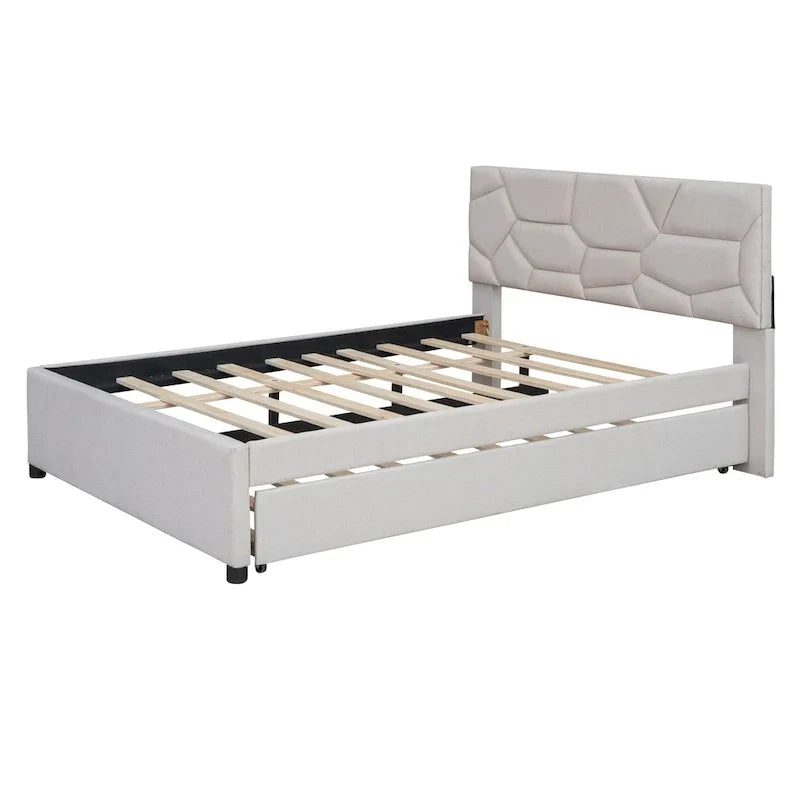 Lit plateforme rembourré pleine grandeur avec tête de lit motif brique et lit gigogne double, tissu de lin, beige