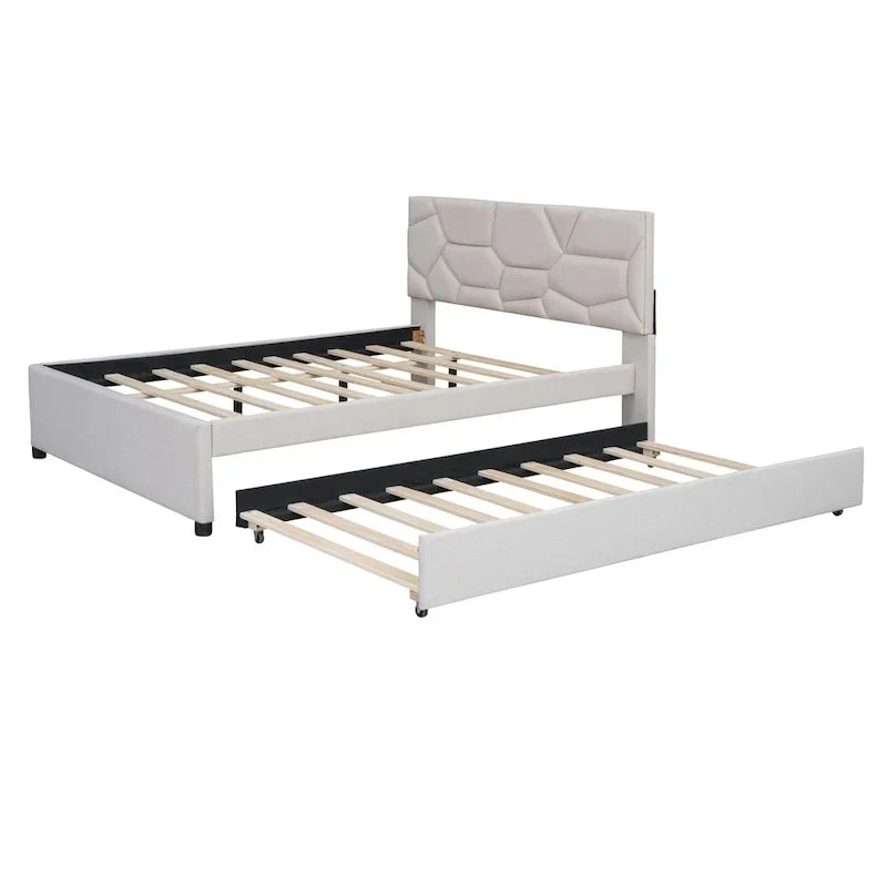 Lit plateforme rembourré pleine grandeur avec tête de lit motif brique et lit gigogne double, tissu de lin, beige