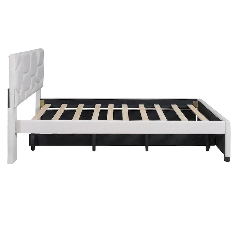 Lit plateforme rembourré pleine grandeur avec tête de lit motif brique et lit gigogne double, tissu de lin, beige