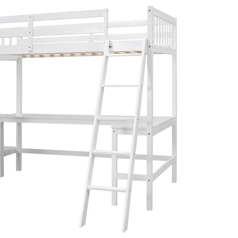 Lit mezzanine d'angle en bois, taille double, avec échelle et 2 bureaux d'angle intégrés, gris