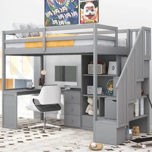Lit mezzanine double avec bureau en L et tiroirs, armoire et escalier de rangement, gris