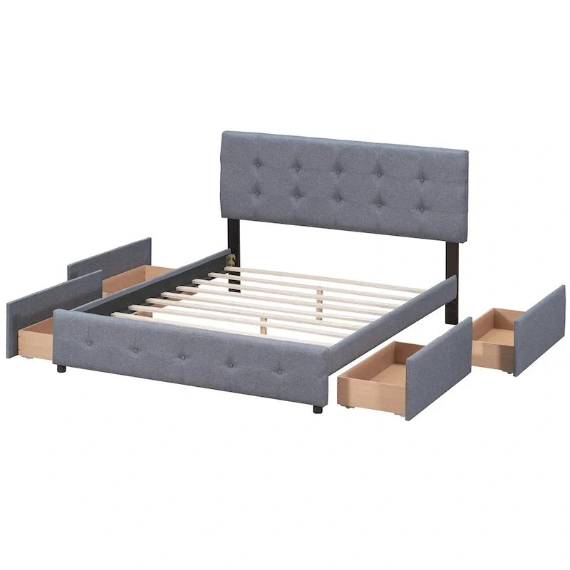 Lit plateforme rembourré avec tête de lit classique et 4 tiroirs, aucun sommier tapissier requis, tissu en lin