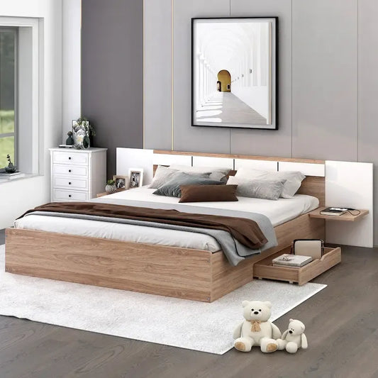 Lit plateforme Queen Size avec tête de lit, tiroirs, étagères, ports USB et prises, Naturel
