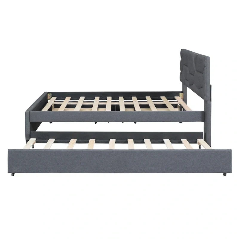 Lit plateforme rembourré double avec tête de lit motif brique, avec lit gigogne simple et 2 tiroirs, lin, beige
