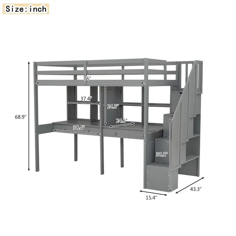 Cadre de lit mezzanine simple avec escalier de rangement, deux bureaux et étagères, gris