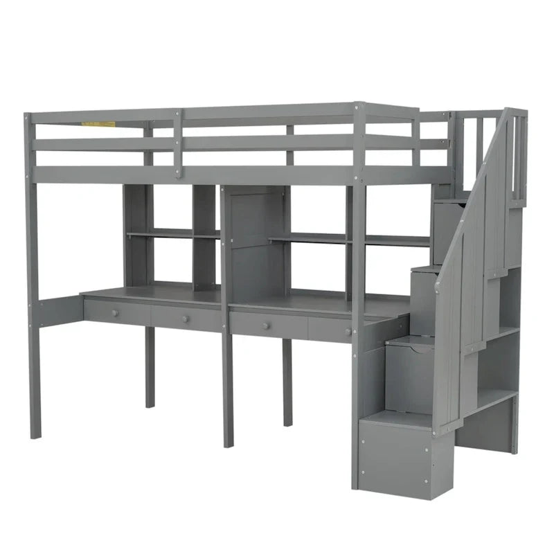 Cadre de lit mezzanine simple avec escalier de rangement, deux bureaux et étagères, gris