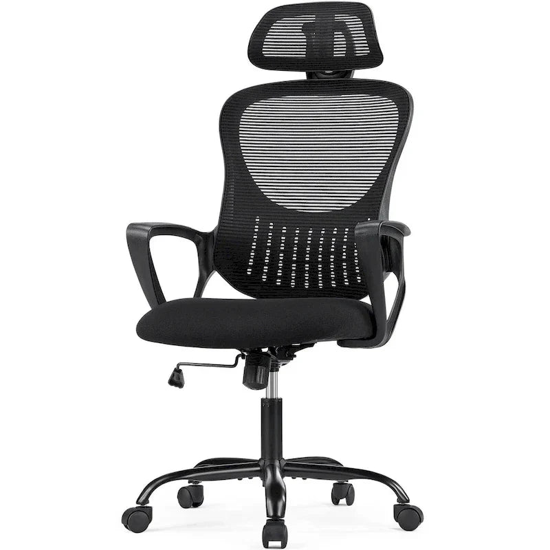 Chaise de bureau ergonomique, chaise d'ordinateur confortable en maille à dossier haut avec accoudoirs fixes et appuie-tête réglable, chaise pivotante à roulettes