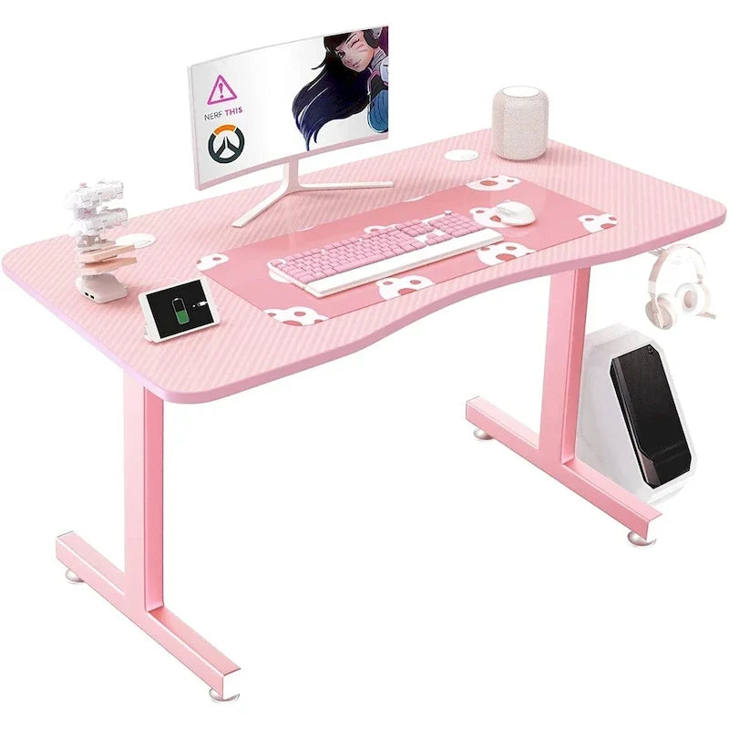 Bureau de jeu ergonomique BOSSIN en forme de T avec tapis de souris pleine surface, support de manette, porte-gobelet et crochet pour casque