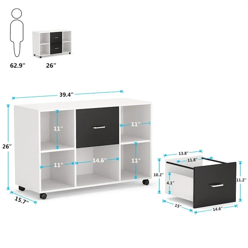 Meuble de rangement de bureau moderne noir/blanc avec 2 tiroirs et 4 étagères ouvertes en bois