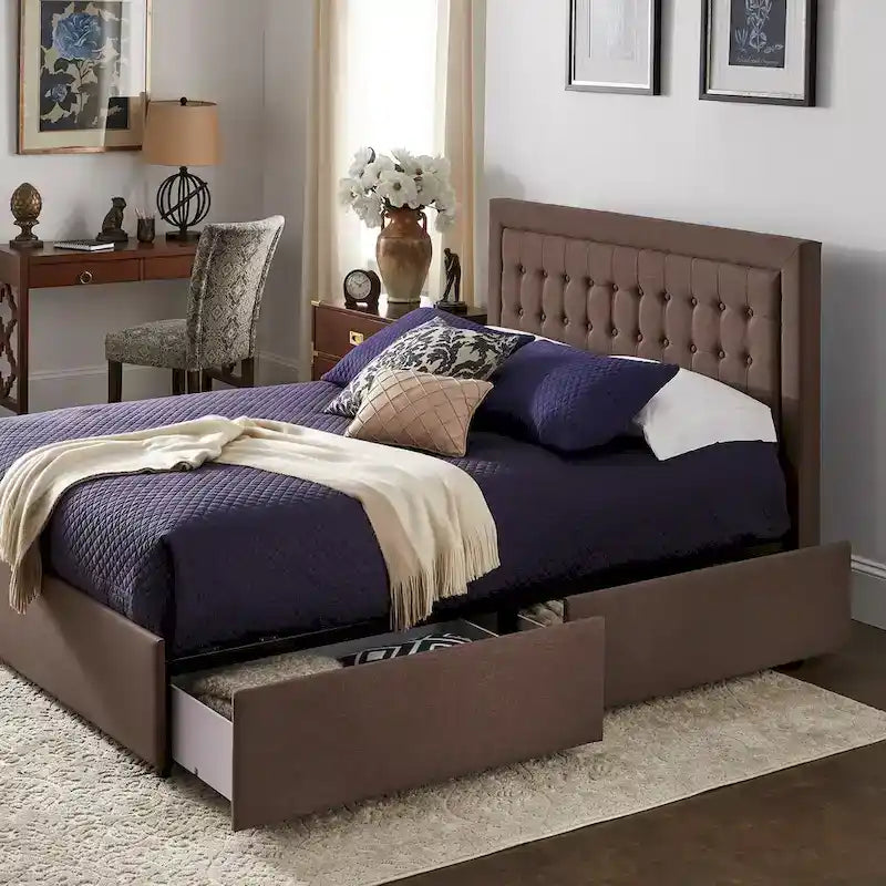 Lit plateforme de rangement avec tête de lit capitonnée en lin Arlert par iNSPIRE Q Classic