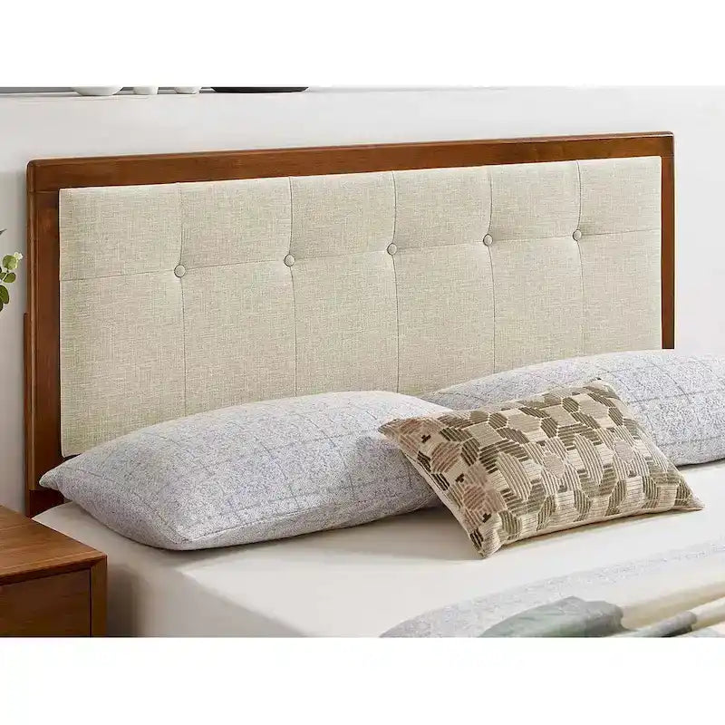 Tête de lit Queen Size Marlin traditionnelle en tissu beige capitonnée en bois de noyer