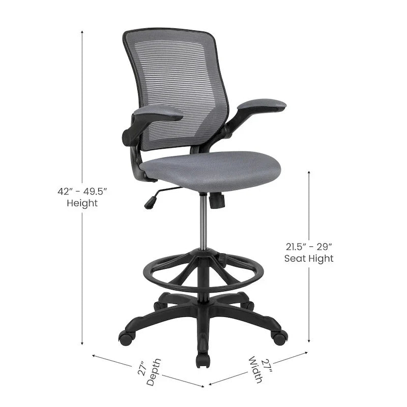 Chaise de bureau ergonomique mi-dossier en maille avec anneau repose-pieds et accoudoirs relevables