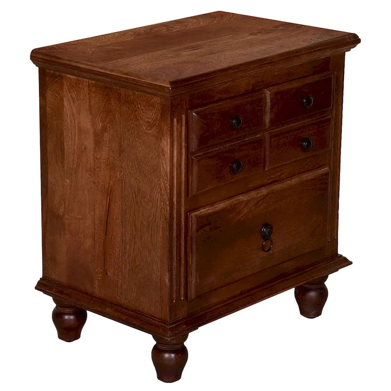 Table de chevet artisanale de 66 cm, 2 tiroirs, poignées noires thermolaquées, bois de manguier brun noyer