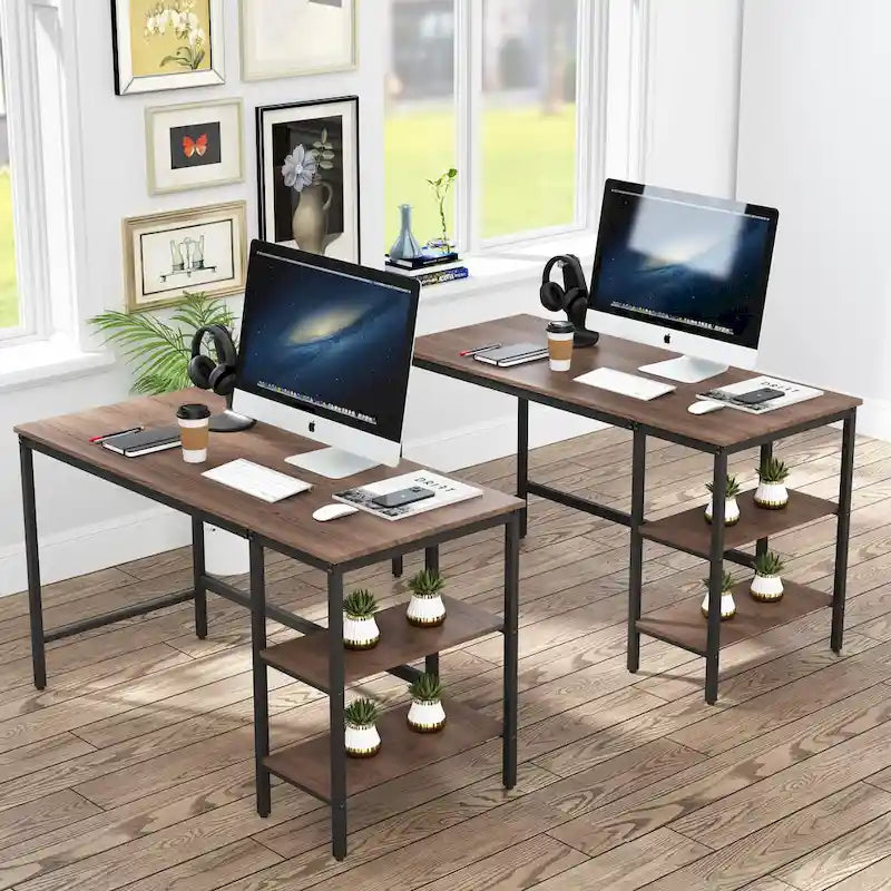 Bureau informatique avec étagères de rangement, poste de travail réversible industriel pour bureau à domicile