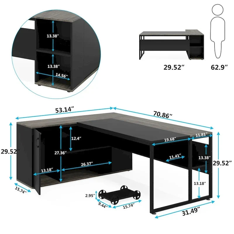 Bureau de direction en L de 71 pouces avec armoire