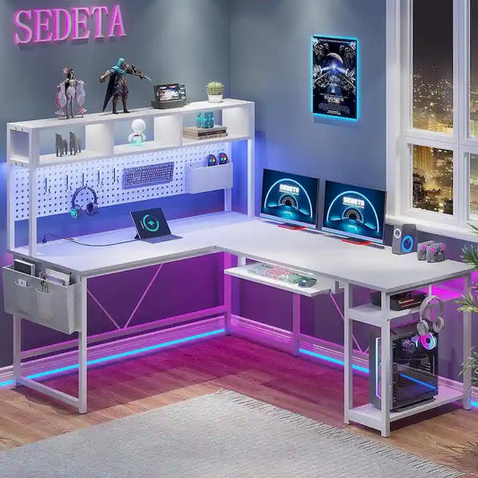 Bureau d'ordinateur réversible en forme de L avec étagère et lumière LED pour le jeu
