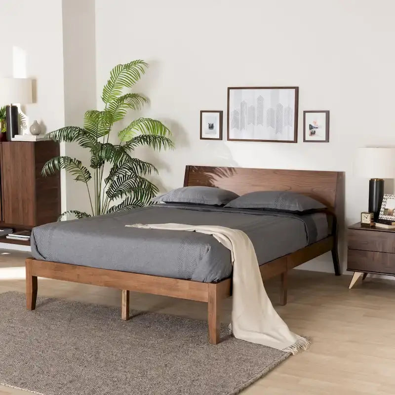 Lit plateforme Salvatore en bois finition noyer, style moderne du milieu du siècle