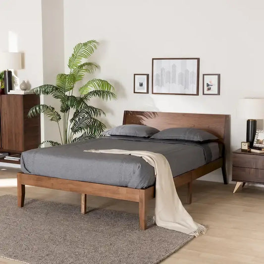 Lit plateforme Salvatore en bois finition noyer, style moderne du milieu du siècle