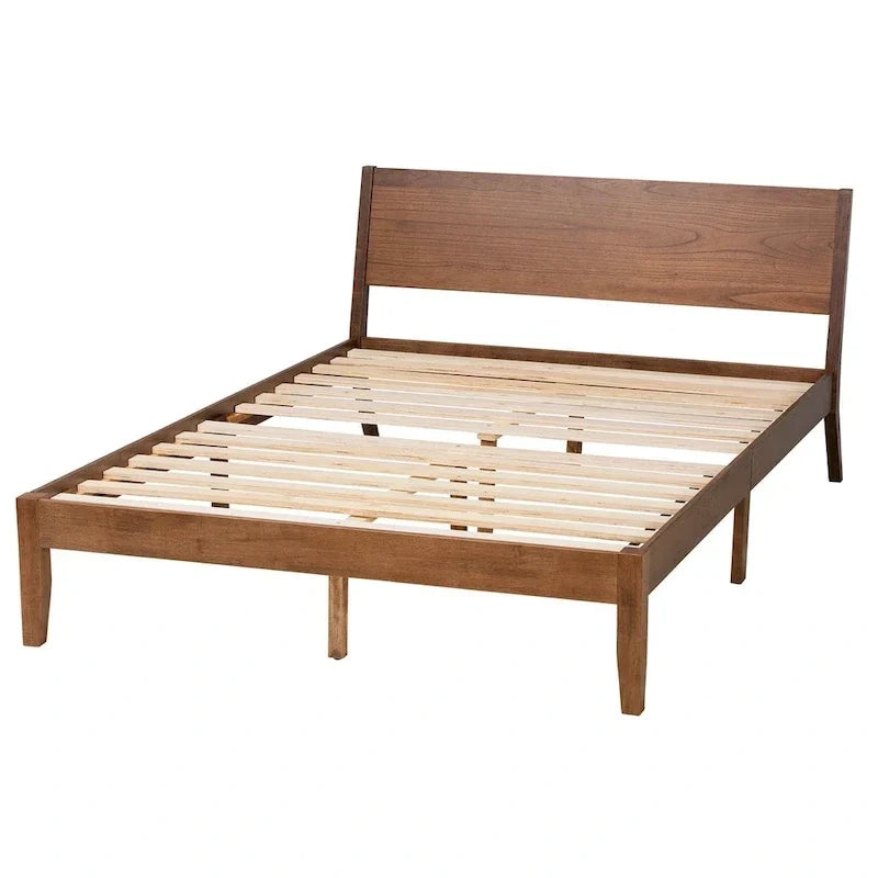 Lit plateforme Salvatore en bois finition noyer, style moderne du milieu du siècle