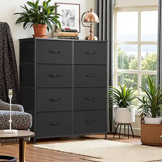 Commode de chambre à coucher, 8 tiroirs de rangement, Tour de rangement haute en tissu avec dessus en bois et cadre en métal