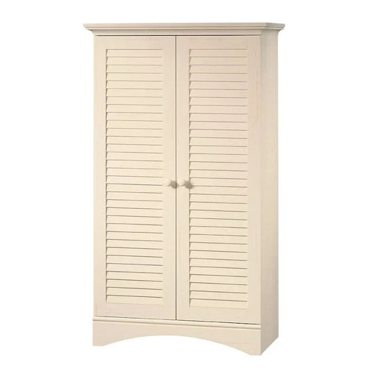 Armoire de rangement vintage en bois blanc vieilli avec portes à persiennes - 35,4 L x 16,8 P x 61 H