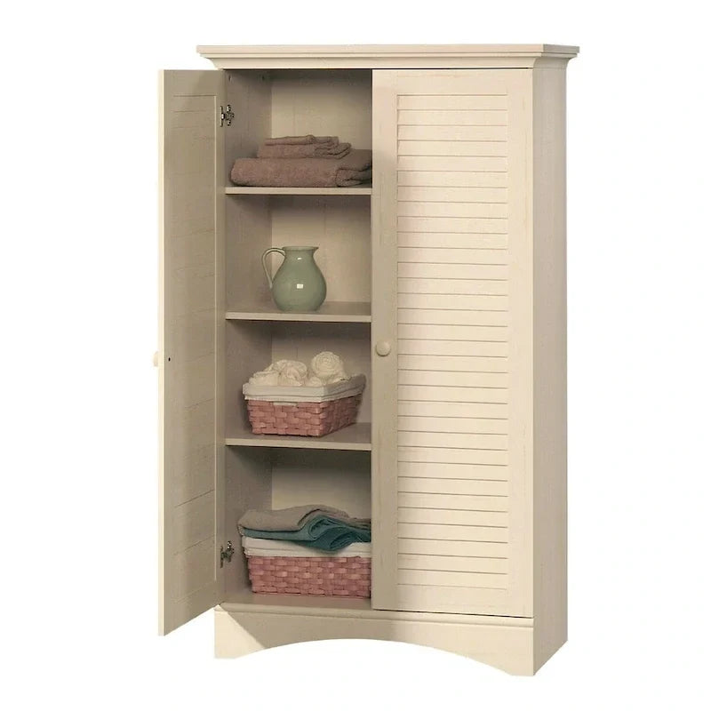 Armoire de rangement vintage en bois blanc vieilli avec portes à persiennes - 35,4 L x 16,8 P x 61 H