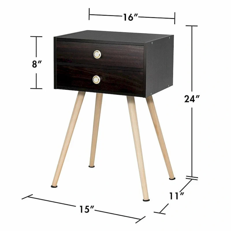 Table de chevet moderne du milieu du siècle à 2 tiroirs, marron