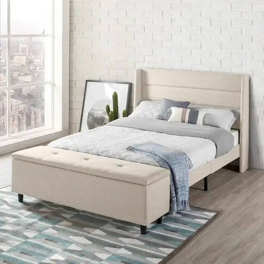 Lit plateforme capitonné beige avec pouf de rangement Crown Comfort